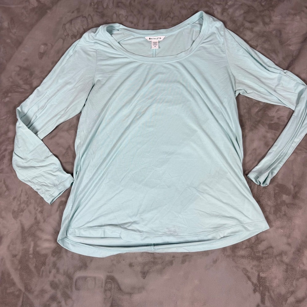 Athleta Womens Light Aqua Blue Scoop Neck Long Sleeve Active Top Size Medium